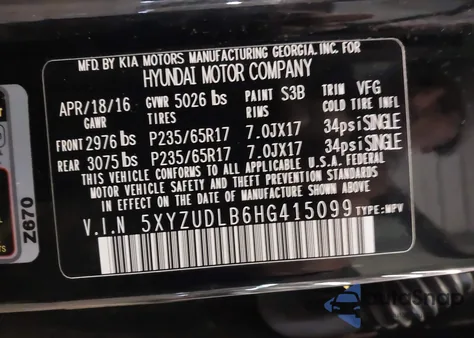 2017 Hyundai Santa Fe Sport 2.4L z USA, uszkodzony, nr VIN 5XYZUDLB6HG415099